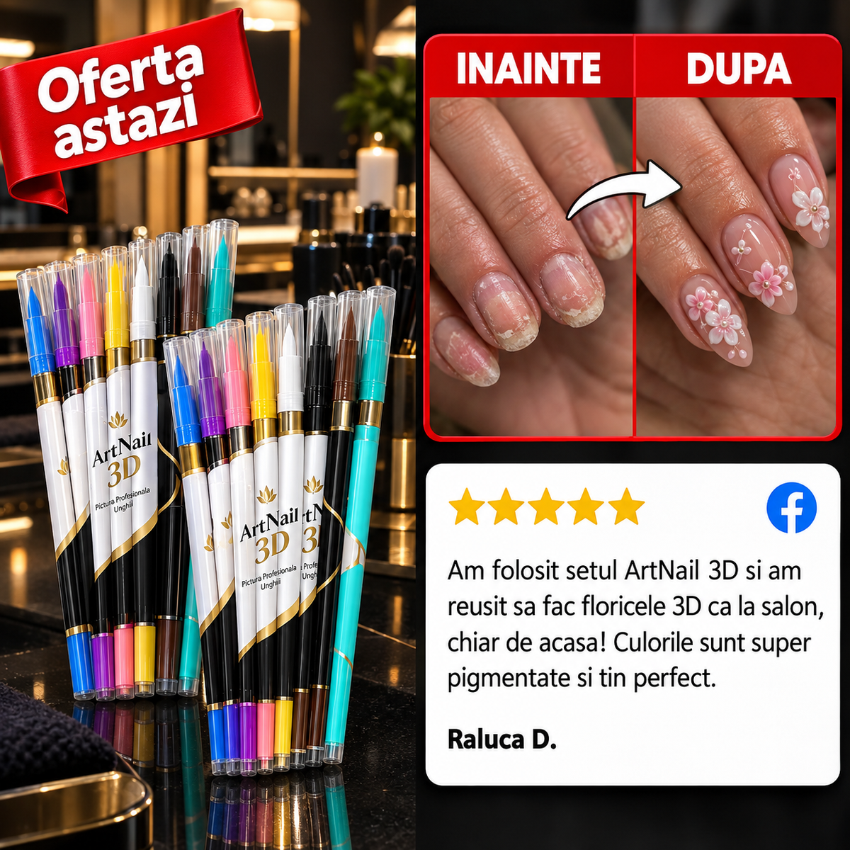 ArtNail 3D - Set Pensule Pictura Unghii, 12 Culori