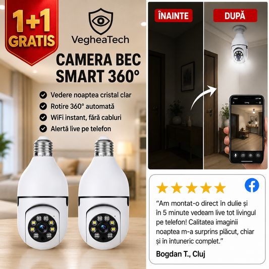 Bec Camera Supraveghere WiFi ➡️ 1+1 GRATIS